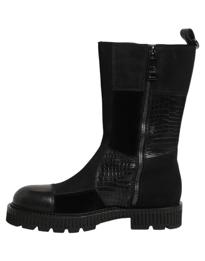 Dolce & Gabbana Men's Leather & Cotton Flat Mid-Calf Short Boots - Black Patchwork