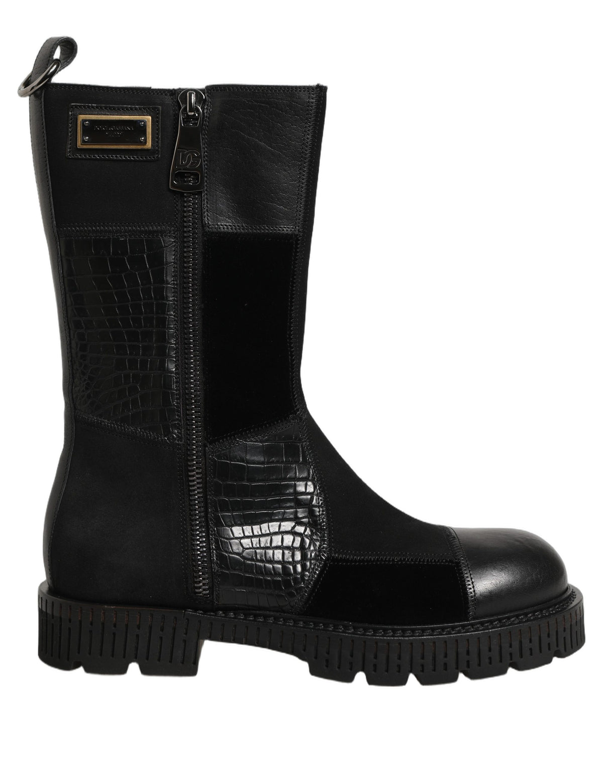 Dolce & Gabbana Men's Leather & Cotton Flat Mid-Calf Short Boots - Black Patchwork