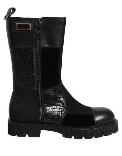 Dolce & Gabbana Men's Leather & Cotton Flat Mid-Calf Short Boots - Black Patchwork
