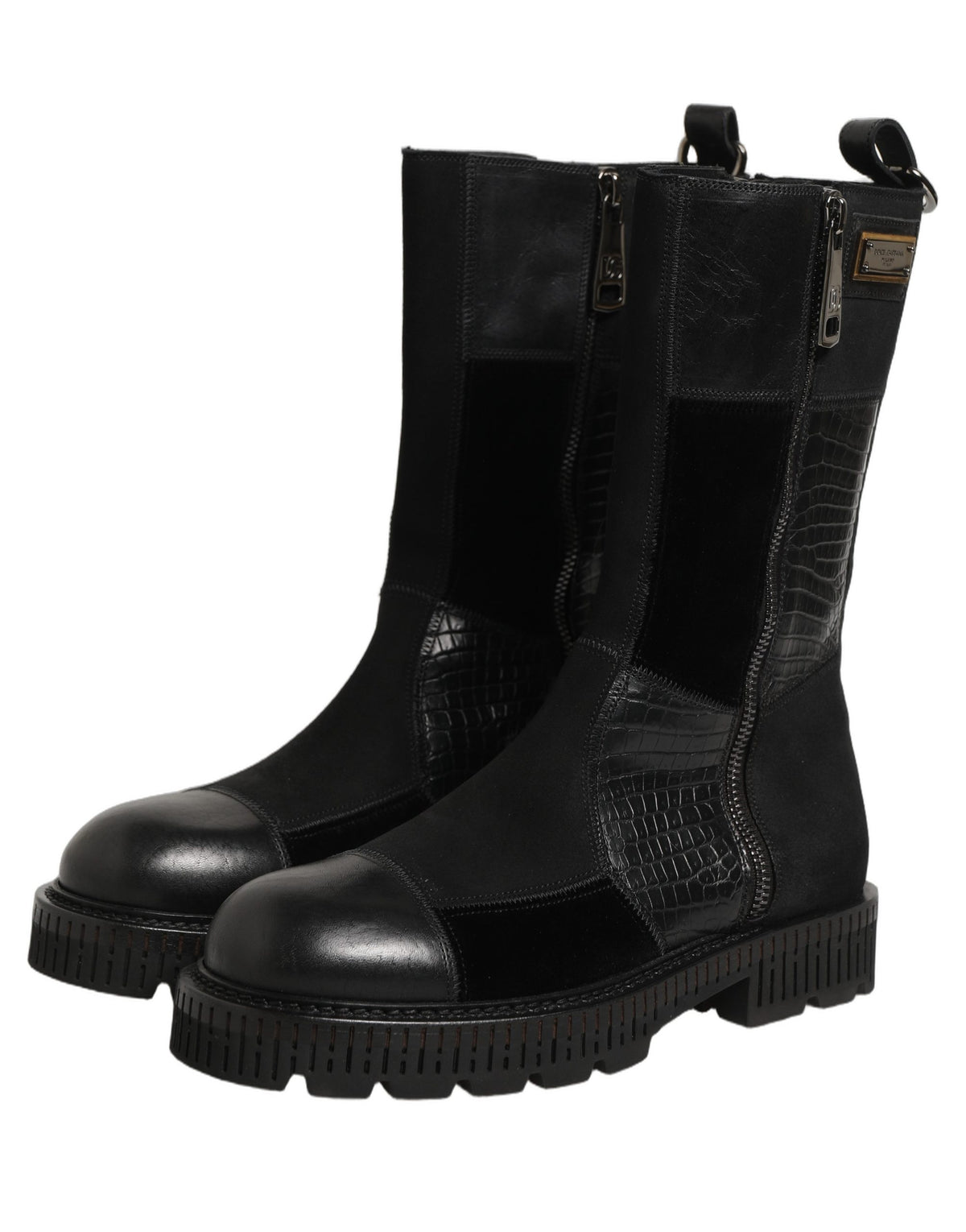 Dolce & Gabbana Men's Leather & Cotton Flat Mid-Calf Short Boots - Black Patchwork
