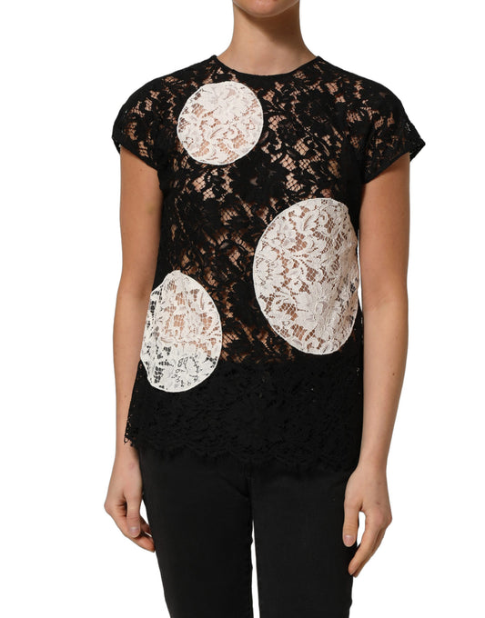 Dolce & Gabbana Women's Short-Sleeve Round Neck Cotton Silk Viscose & Lace Blouse - Black White Floral