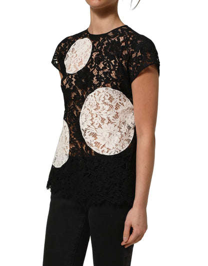 Dolce & Gabbana Women's Short-Sleeve Round Neck Cotton Silk Viscose & Lace Blouse - Black White Floral