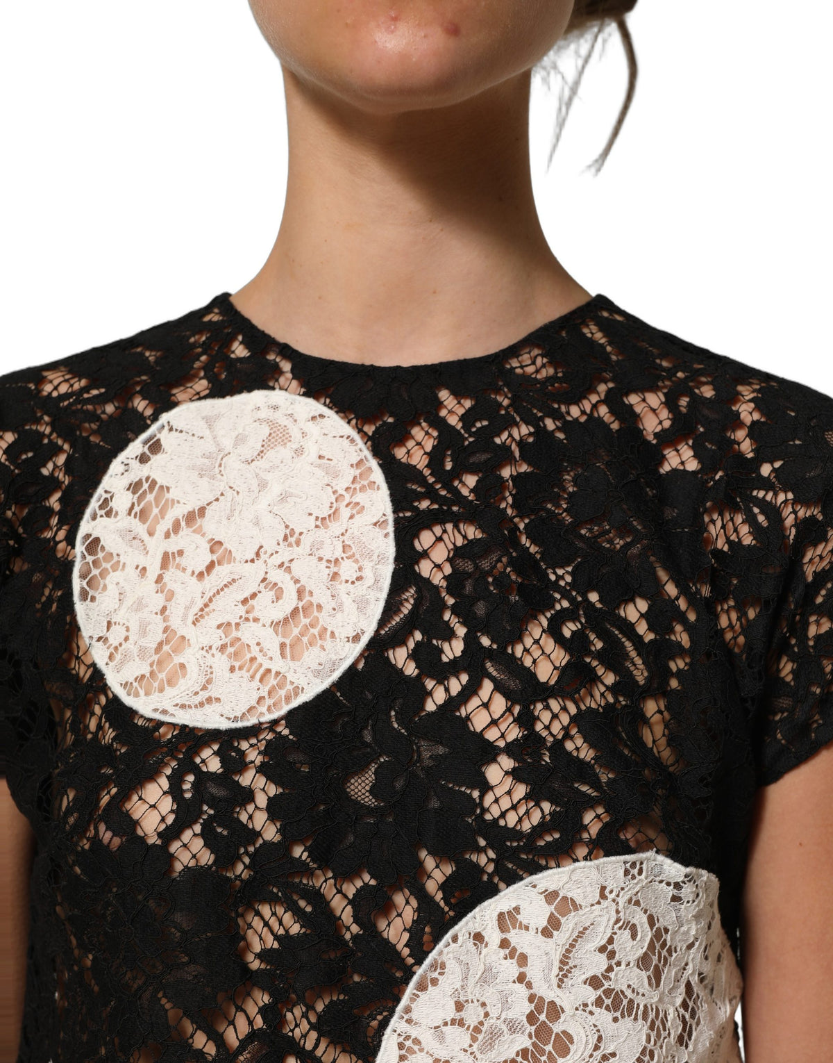 Dolce & Gabbana Women's Short-Sleeve Round Neck Cotton Silk Viscose & Lace Blouse - Black White Floral