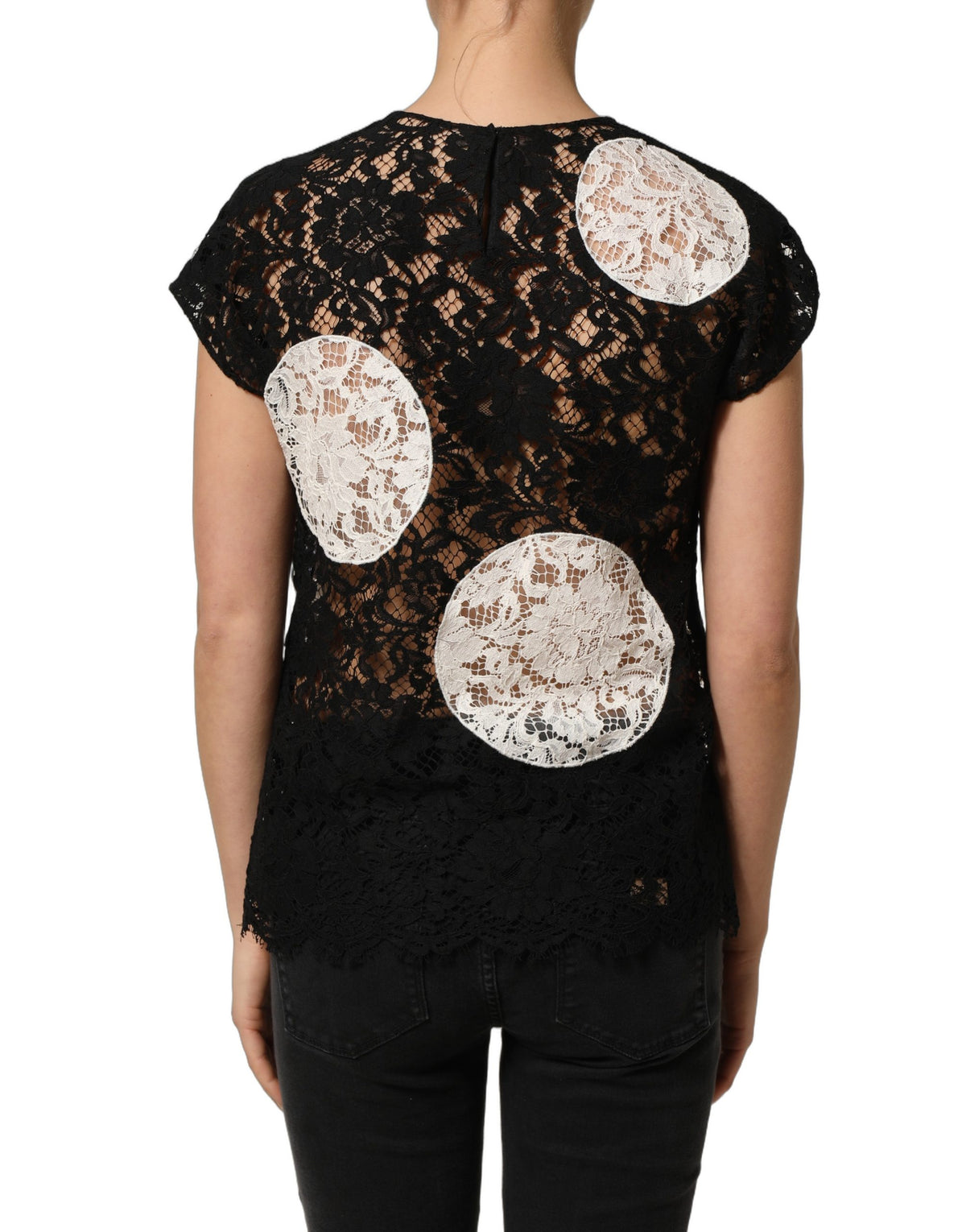 Dolce & Gabbana Women's Short-Sleeve Round Neck Cotton Silk Viscose & Lace Blouse - Black White Floral