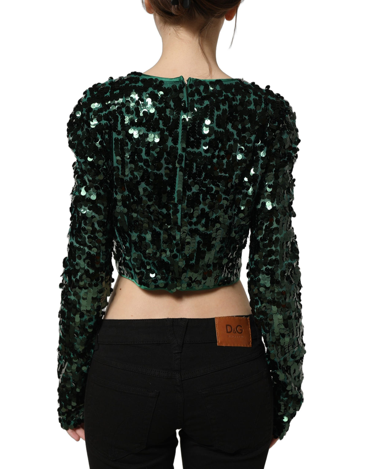 Dolce & Gabbana Women's Crop Top Cropped Long-Sleeve Round Neck Silk & Nylon Blouse - Green