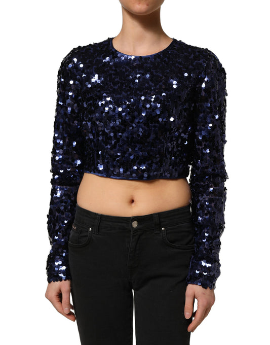 Dolce & Gabbana Women's Crop Top Cropped Long-Sleeve Round Neck Silk & Nylon Blouse - Blue