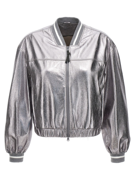 Brunello Cucinelli Silver Leather Bomber