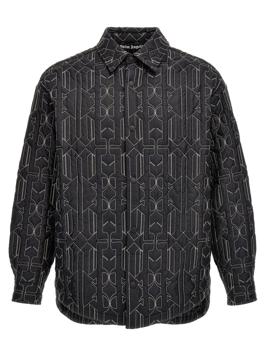 Windbreaker Jacket by Palm Angels for men in nylon gray, patterned & monogram features an stylish silhouette, showcasing a sophisticated shirt-collar neckline and performance-driven pockets, insulated & windproof for a premium, stylish look.