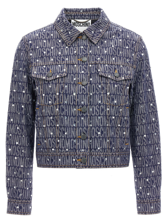 Trucker Jacket by Moschino for women in polyester denim cotton & rhinestone blue & patterned features an on trend silhouette, showcasing refined pockets and a sophisticated for a truly on trend finish.