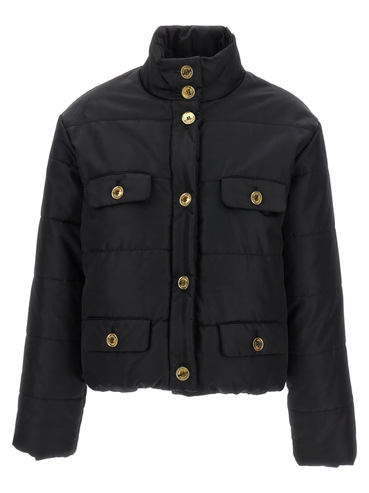 Puffer Jacket by Moschino for women in polyamide black & gold showcases a bohemian silhouette, artfully detailed with a bohemian and signature insulated for a truly bohemian finish.