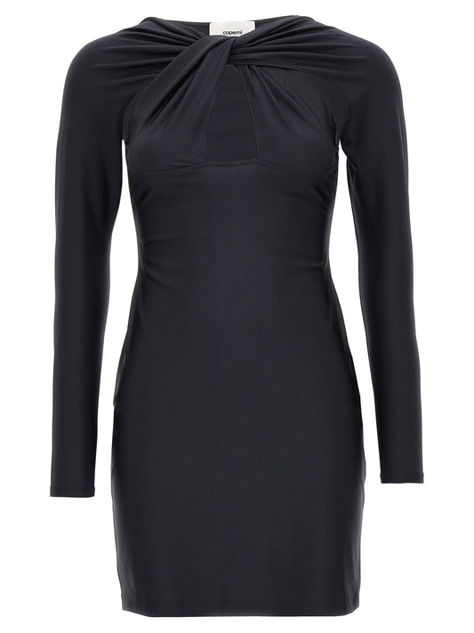 Dress by Coperni for women in stretch polyamide black showcases a striking silhouette, elegantly detailed with a long-sleeve, refined , and a striking short mini for a striking finish.