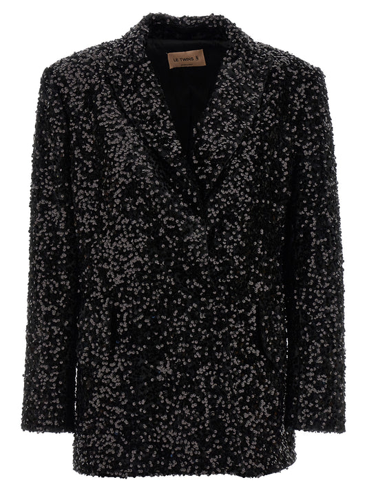 Blazer by LE TWINS for women in polyester & sequins black showcases a discerning silhouette, elegantly detailed with a sophisticated and premium for a truly discerning finish.