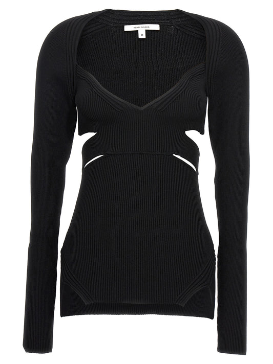 Cardigan by Nensi Dojaka for women in polyester & viscose black showcases a luxurious silhouette, meticulously detailed with a sophisticated sweetheart neckline and long-sleeve for a refined finish.