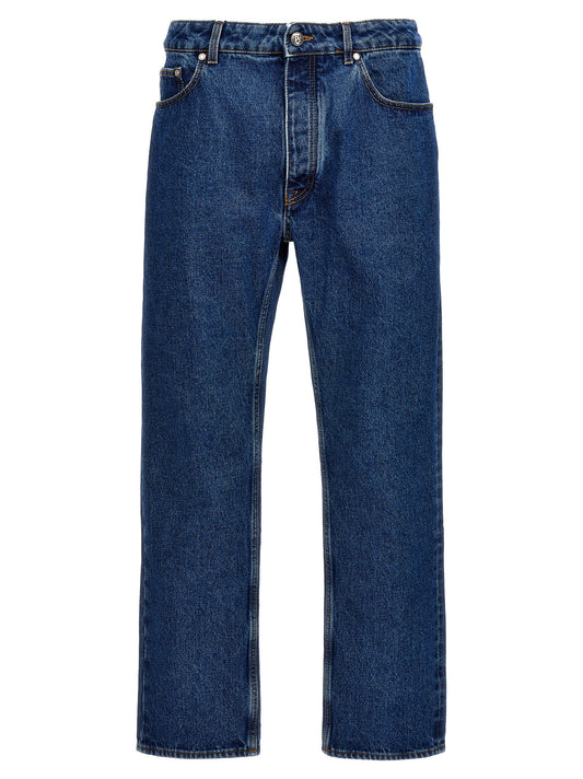 Jeans by Palm Angels for men in denim cotton blue & monogram presents a tailored silhouette, showcasing a tailored straight-leg and long cut with a refined for a truly tailored aesthetic.