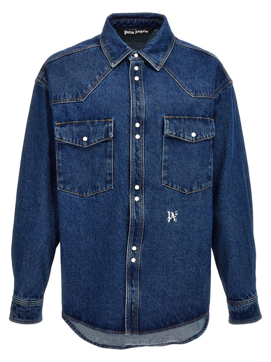Trucker Jacket by Palm Angels for men in denim cotton blue & monogram features an on trend silhouette, showcasing refined and a sophisticated for a truly on trend finish.