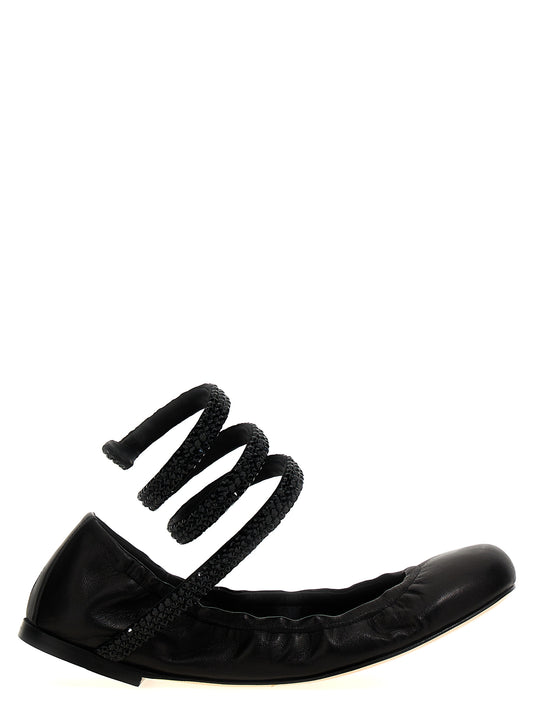 Ballet Flat Shoes by RENE CAOVILLA for women in lamb leather black presents a effortless chic silhouette, showcasing the Women's Lamb Leather Ballet Flat Shoes design with a effortless chic and for a sophisticated look.