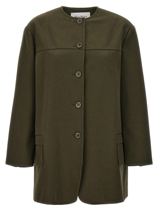 Overcoat by Max Mara for women in cotton bicolour & green features a cosy chic silhouette, artfully detailed with a sophisticated crew neckline and premium pockets for a cosy chic finish.