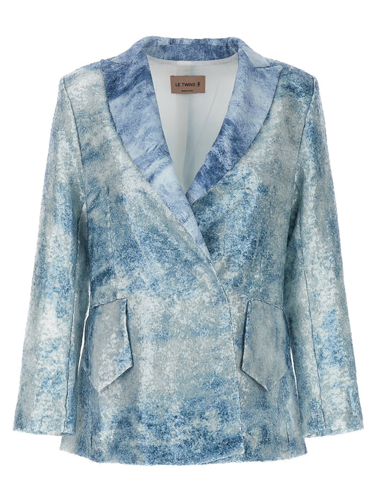 Blazer by LE TWINS for women in polyester & sequins light-blue & print showcases a discerning silhouette, elegantly detailed with a sophisticated and premium for a truly discerning finish.