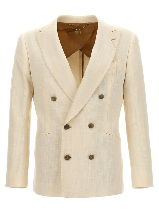 Blazer by MAURIZIO MIRI for men in nylon silk & wool white showcases a polished silhouette, highlighted by a refined double-breasted neckline and polished for a sophisticated finish.