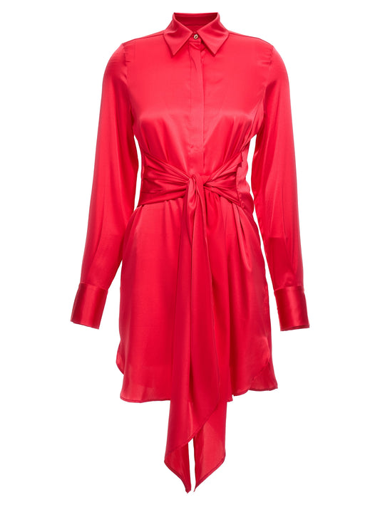 Dress by LE TWINS for women in silk fuchsia & patterned features a dramatic silhouette, showcasing an elegant and that flows into a dramatic short.