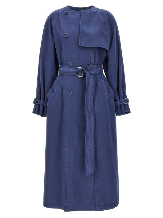 Trench Coat by Max Mara for women in cotton blue presents a utilitarian silhouette, showcasing a utilitarian and sophisticated pockets for a truly utilitarian look.