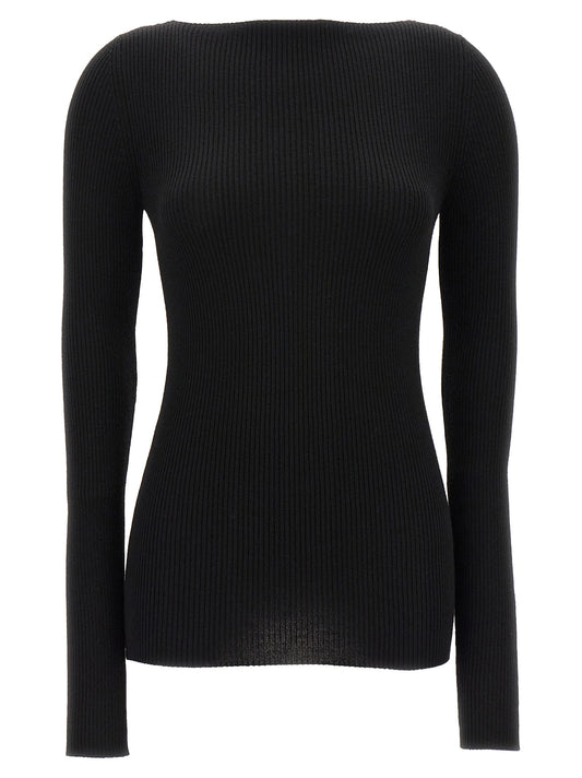 Cardigan by Rick Owens for women in wool black features an impeccable silhouette, showcasing a sophisticated boat neckline and long-sleeve detail for a truly impeccable finish.