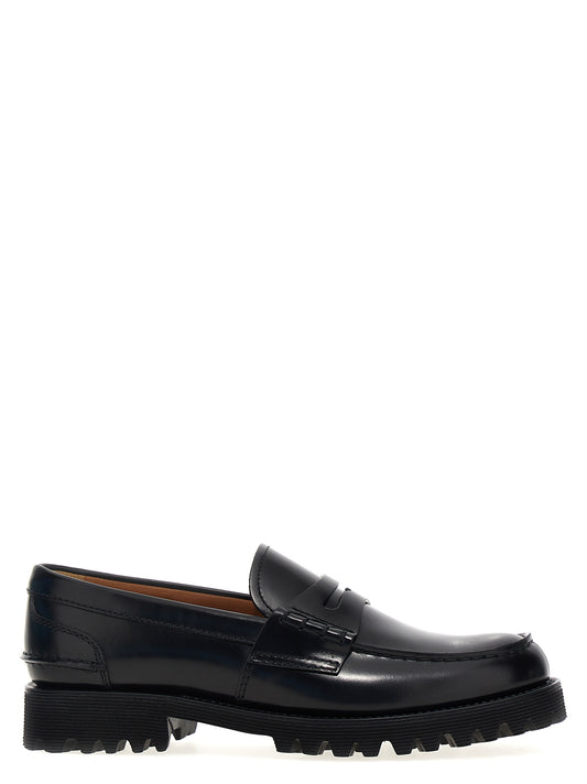 Flat Loafer Slip-On Work Shoes by Church's for women in bos taurus cowhide leather black features an dynamic silhouette from the Play Women's Bos Taurus Cowhide Leather Flat Loafer Slip-On Work Shoes collection, defined by a dynamic and flat for a dynamic look.