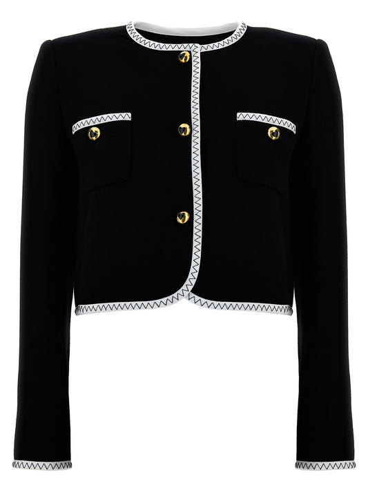 Overcoat by Moschino for women in viscose wool crepe bicolour, black & white features an satoral silhouette, showcasing a sophisticated and satoral pockets & insulated for a premium, timeless look.