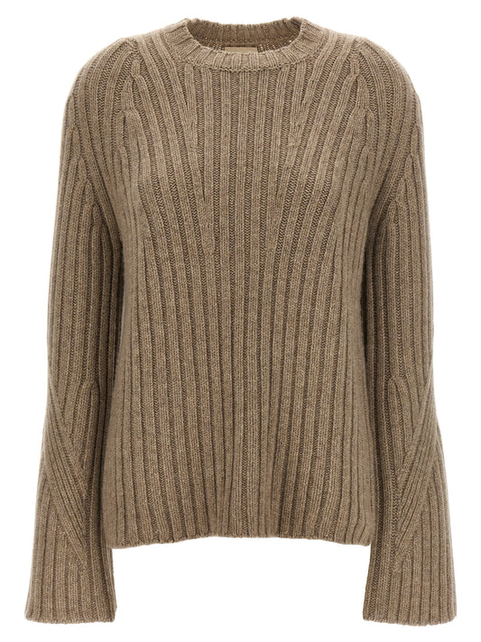 Cardigan by Khaite for women in cashmere beige showcases a captivating silhouette, artfully detailed with a captivating long-sleeve and crew neckline for a truly sophisticated captivating look.
