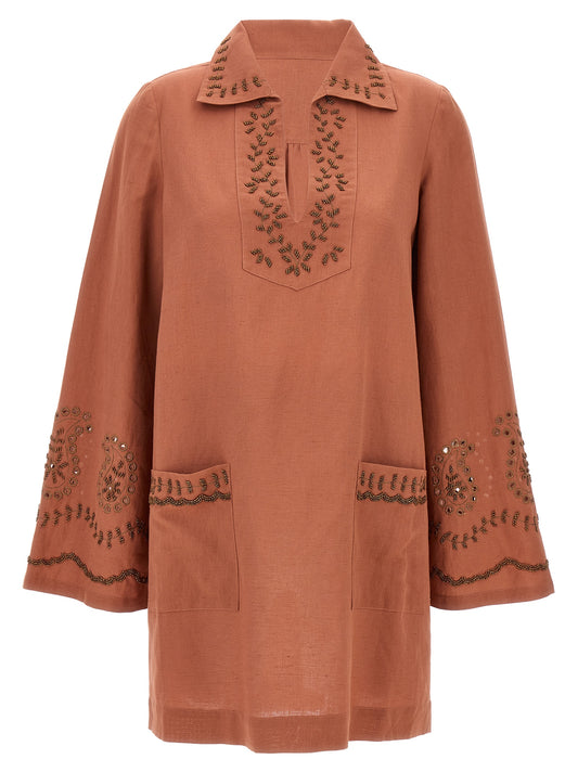 Dress by Fortela for women in cotton bordeaux features a dramatic silhouette, showcasing an elegant v-neck neckline and that flows into a dramatic short.