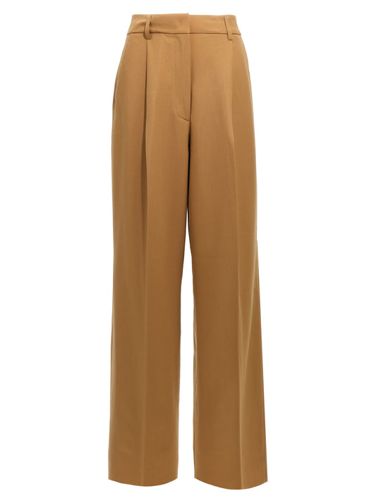 Pants by THELATEST for women in polyester & virgin wool brown features an understated silhouette, showcasing a sophisticated wide and long with a refined for an understated, polished aesthetic.