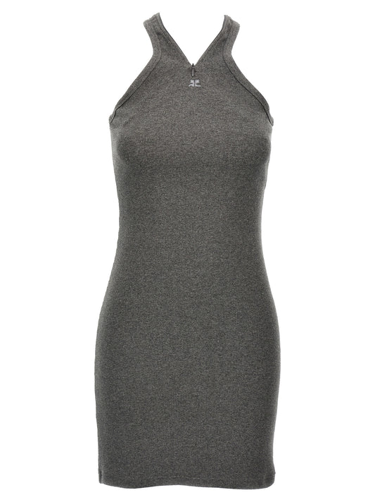Dress by Courrèges for women in stretch cotton gray features an sultry silhouette defined by a v-neck neckline and sleeveless, falling to an sultry short mini for a sultry look.