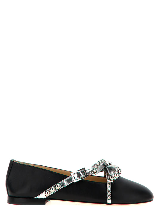 Ballet Flat Shoes by MACH & MACH for women in leather & crystal black presents a effortless chic silhouette, showcasing the Women's Leather & Crystal Ballet Flat Shoes design with a effortless chic and for a sophisticated look.
