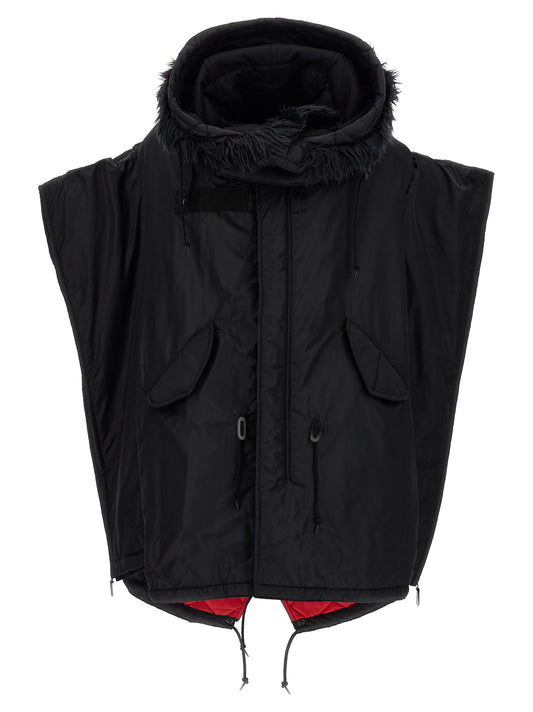 Hooded Puffer Jacket by Junya Watanabe for women in nylon faux fur black features an on trend silhouette, showcasing refined pockets, hooded & insulated and a sophisticated hooded neckline for a truly on trend finish.