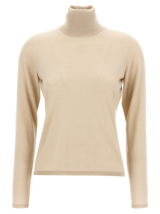 Cardigan by Max Mara for women in plush cashmere beige presents a textural silhouette, artfully finished with a textural high-neck neckline and long-sleeve for a sophisticated, textural look.