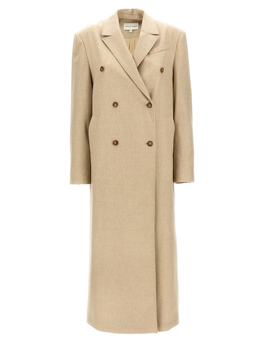 Overcoat by Loulou De Saison for women in cashmere virgin wool beige presents a luxurious silhouette, showcasing a luxurious and sophisticated pockets for a premium, luxurious look.