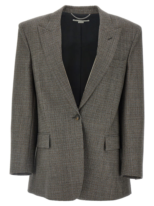 Blazer by Stella McCartney for women in wool gray & houndstooth showcases a discerning silhouette, elegantly detailed with a sophisticated split neckline and premium for a truly discerning finish.