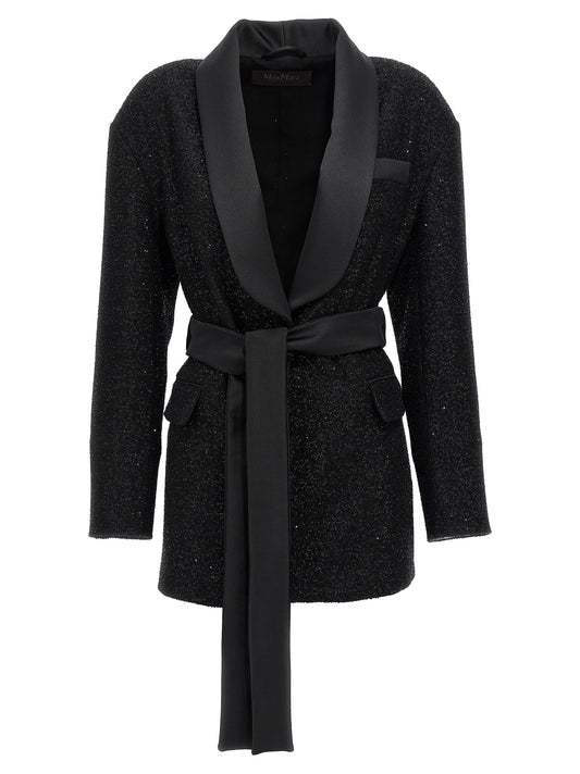 This Blazer by Max Mara for women in polyamide polyester wool satin black presents a tailored silhouette, meticulously tailored with a tailored split shawl-collar neckline and distinctive for a tailored finish.