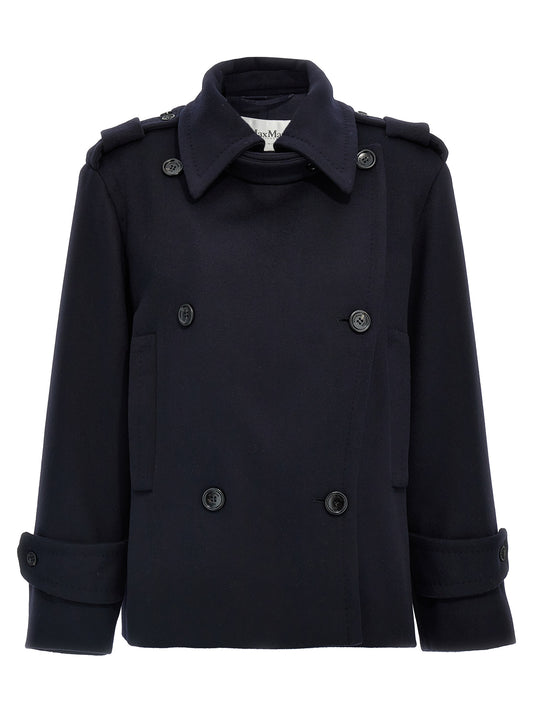 Overcoat by Max Mara for women in viscose & virgin cashmere wool blue features an satoral silhouette, showcasing a sophisticated wrap neckline and satoral pockets & insulated for a premium, timeless look.