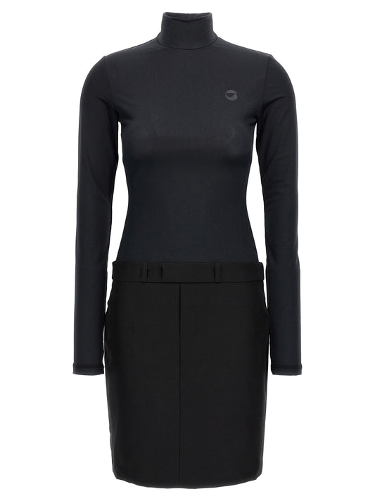 Dress by Coperni for women in polyester black features an eye catching silhouette with a sophisticated high-neck neckline, elegant long-sleeve, and a refined short mini for a eye catching aesthetic.
