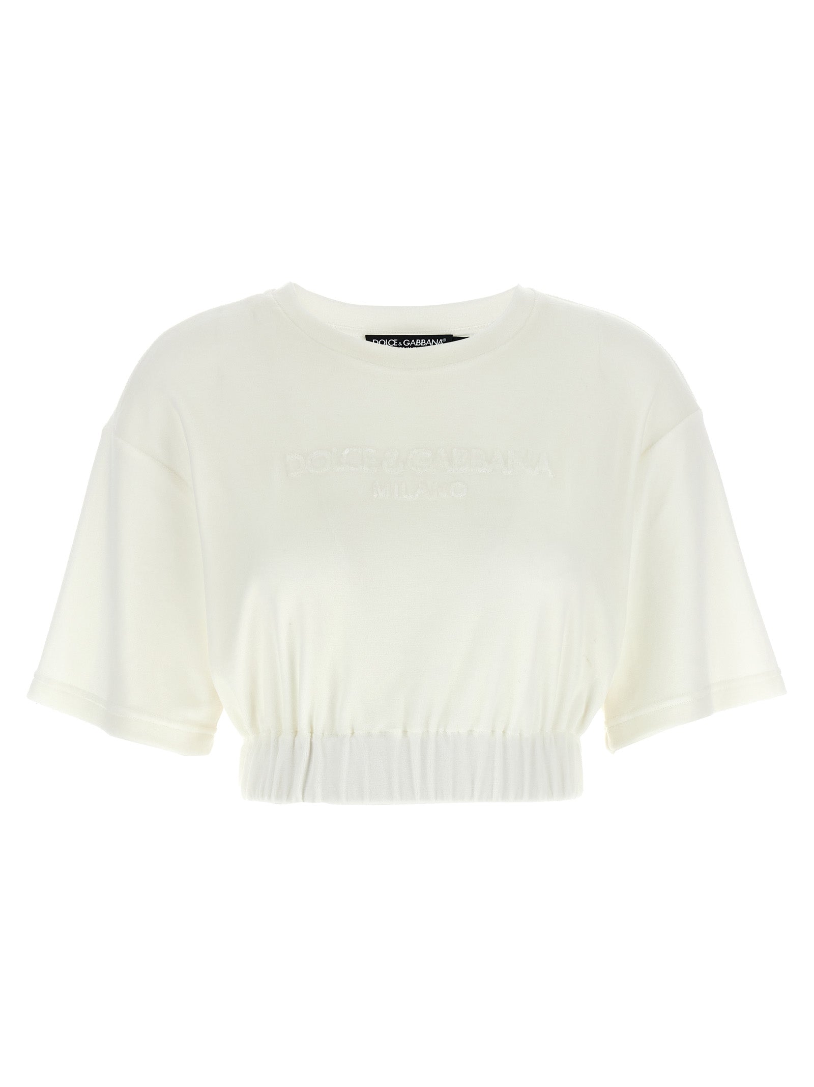 T-Shirt by Dolce & Gabbana for women in polyamide cotton white showcases a fashionable silhouette, elegantly detailed with a fashionable short-sleeve and crew neckline for a sophisticated, high-fashion look.