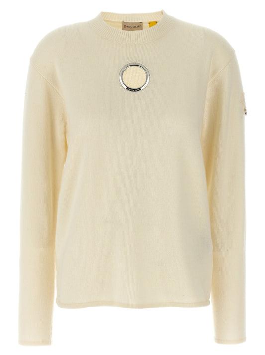 Cardigan by MONCLER GENIUS for women in cashmere wool white & signature features a nuanced silhouette with a refined crew neckline and nuanced long-sleeve detailing for a sophisticated look.