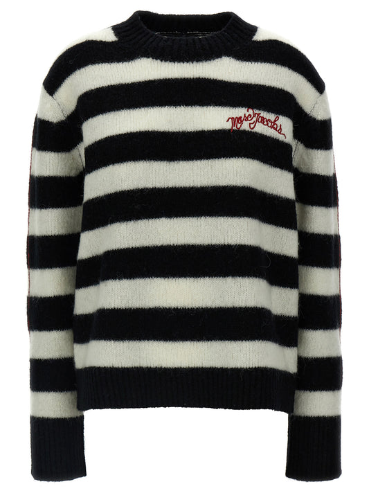 Cardigan by Marc Jacobs for women in alpaca wool bicolour, black, white & striped presents a textural silhouette, artfully finished with a textural crew neckline and for a sophisticated, textural look.