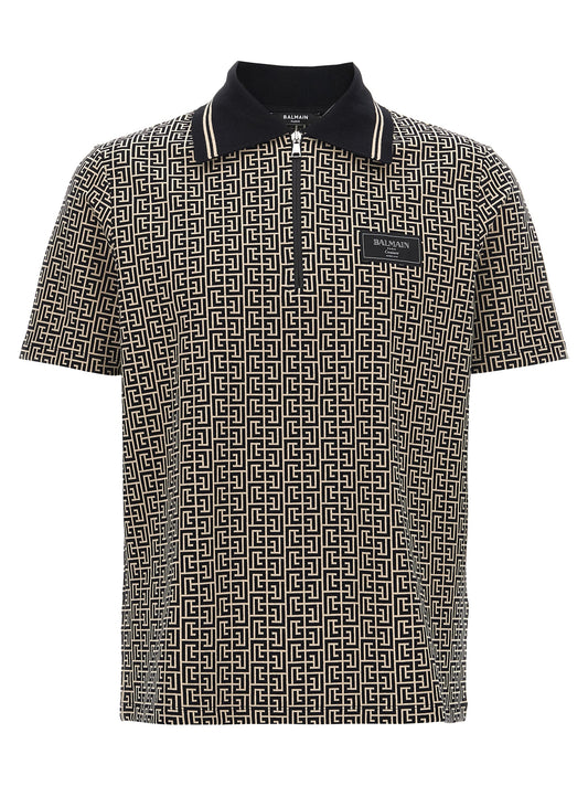Polo Shirt by Balmain for men in stretch organic cotton bicolour, black, white, patterned, jacquard & monogram presents a distinguished silhouette, showcasing a sophisticated and distinguished short-sleeve for a truly distinguished finish.