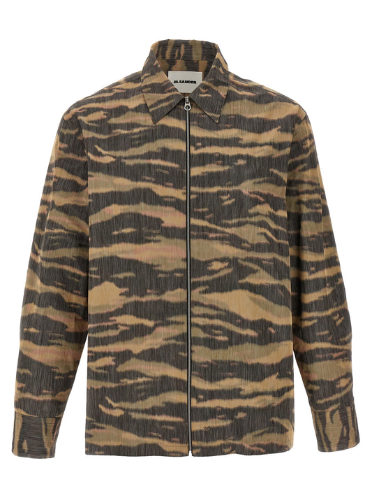 Shirt by Jil Sander for men in polyester & silk multicolor, camouflage & print showcases a sleek silhouette, elegantly detailed with a sleek and long-sleeve for a sleek finish.