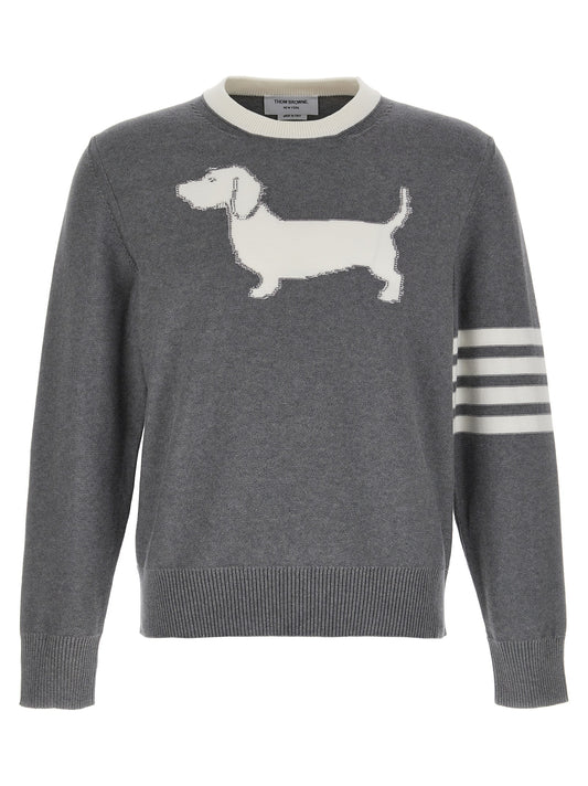 Cardigan by Thom Browne for men in cotton gray, jacquard, signature & print showcases a captivating silhouette, artfully detailed with a captivating and crew neckline for a truly sophisticated captivating look.