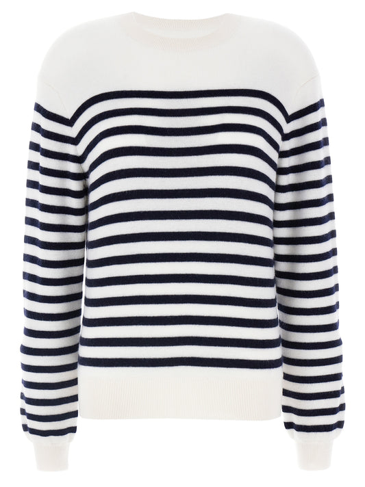 Cardigan by Khaite for women in cashmere bicolour, black, white & striped features a dramatic silhouette, showcasing a sophisticated crew neckline and dramatic detail for a timeless, premium look.