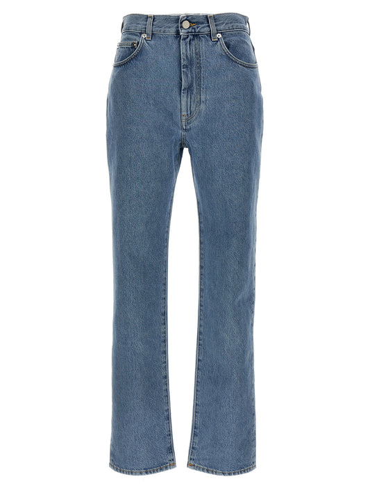 Jeans by Loulou De Saison for women in organic denim cotton & leather light-blue presents a tailored silhouette, showcasing a tailored straight-leg and long cut with a refined high rise for a truly tailored aesthetic.