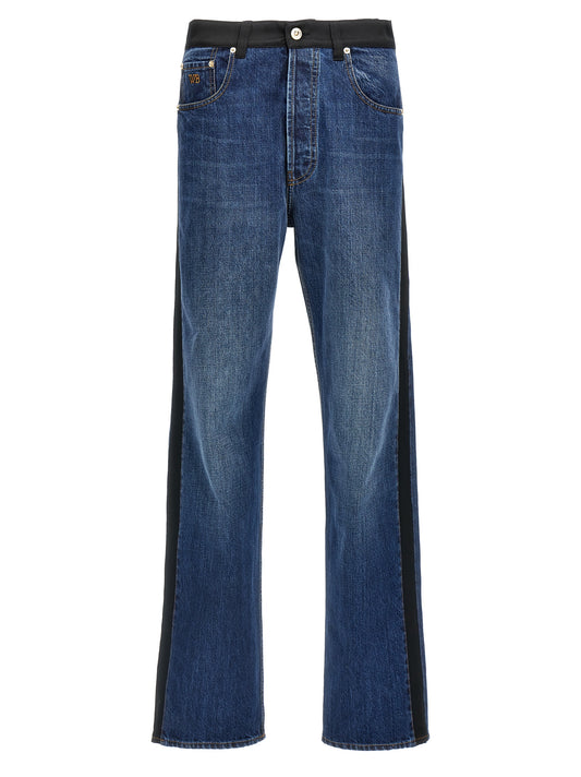 Jeans by WALES BONNER for men in denim cotton satin blue features an refined tailoring silhouette, showcasing a premium straight-leg with a high rise and long cut for a refined tailoring look.