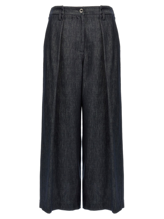 Palazzo Pants by Brunello Cucinelli for women in denim cotton twill blue presents a tailored silhouette, showcasing a tailored wide and long cut with a refined for a truly tailored aesthetic.